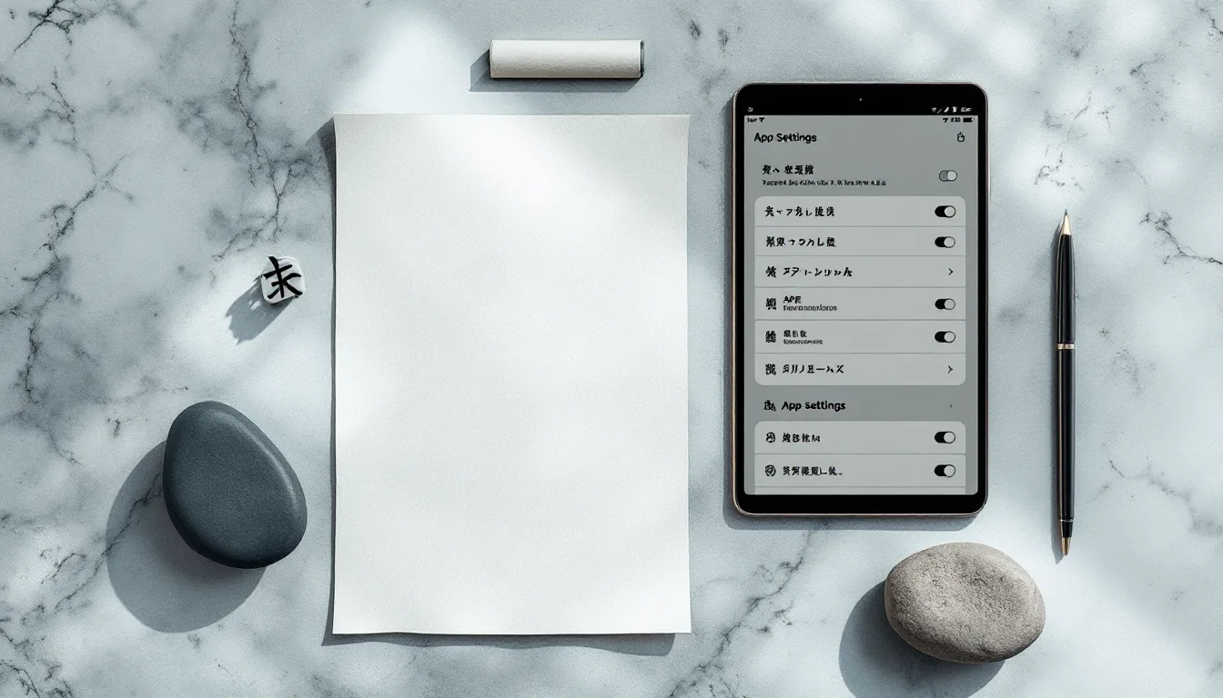 Japanese manuscript grid paper with handwritten katakana, a brush pen and a tablet showing app settings