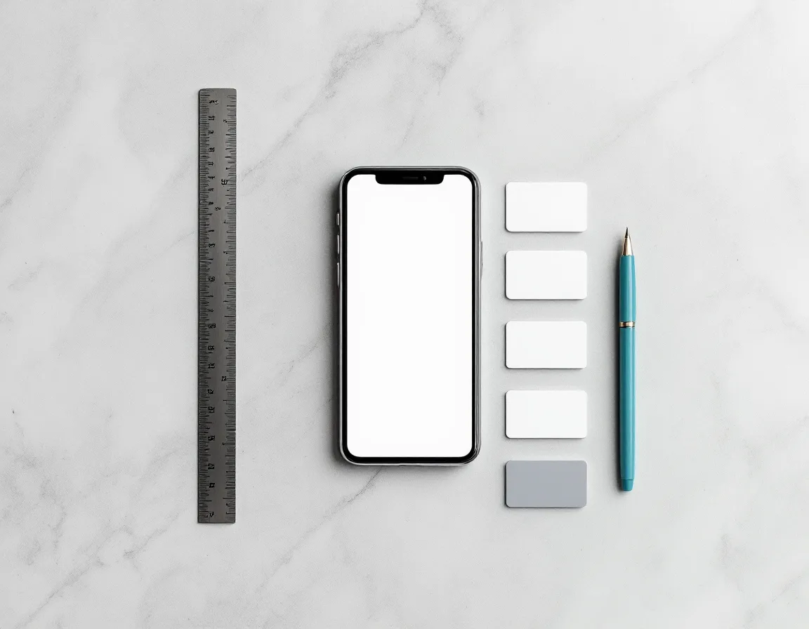 Overhead arrangement of a phone, small paper button labels and a steel ruler on pale stone