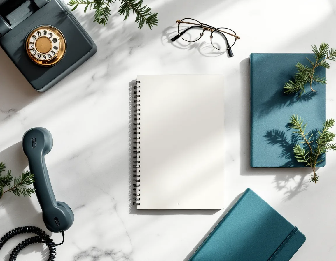 A tidy studio desk from above: a four-column glossary, a brass desk bell, a phone handset and a teal notebook